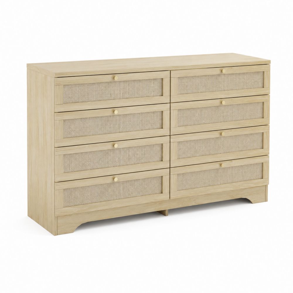 Commode à 8 tiroirs en chêne et rotin
