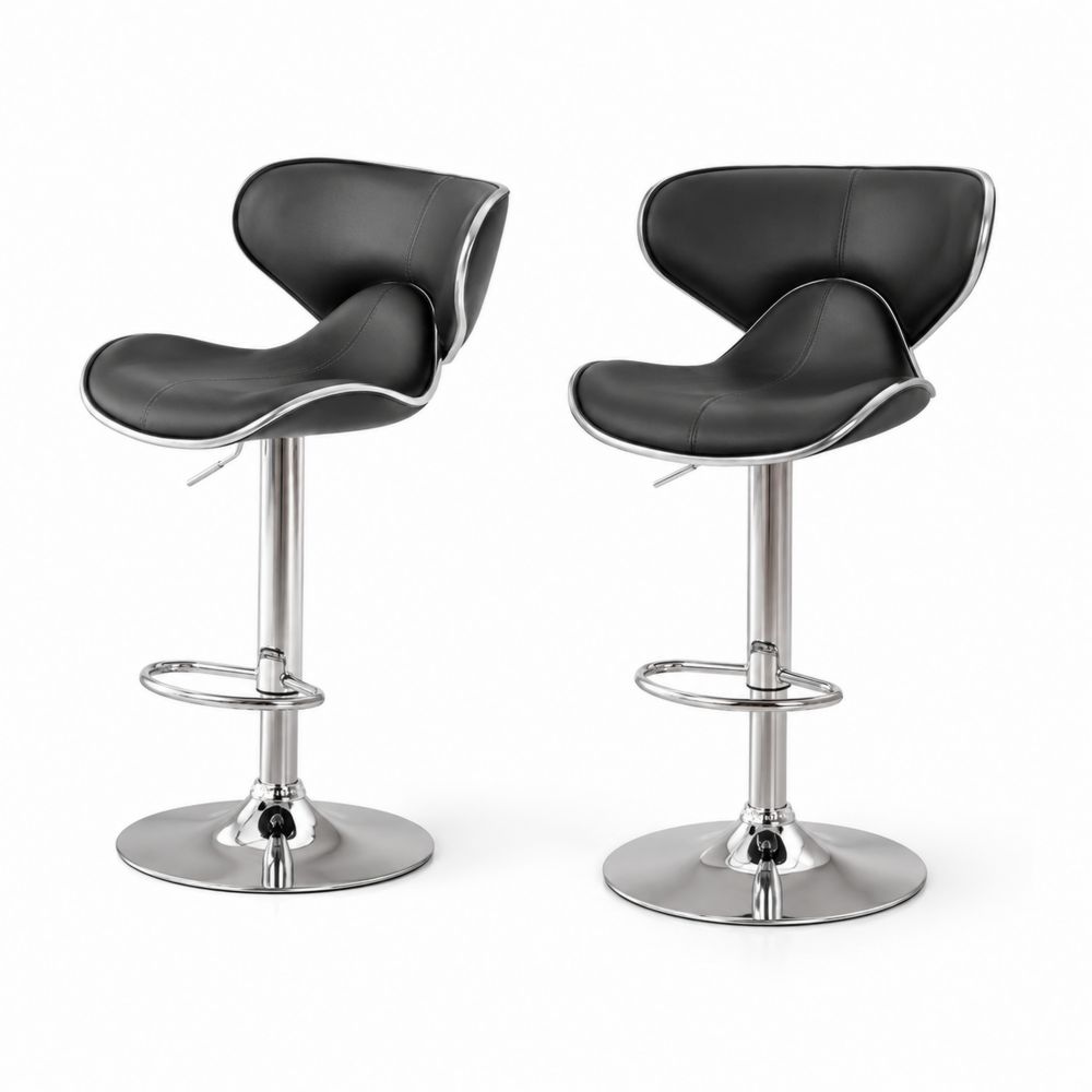 Tabourets de bar réglables en cuir synthétique noir avec base métallique chromée, ensemble de 2