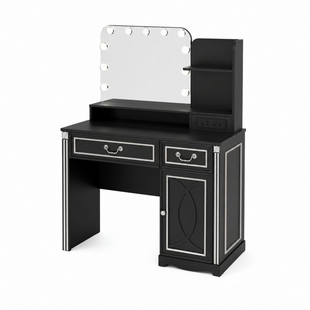 Coiffeuse en bois avec miroir à éclairage LED et rangement intégré - Noir