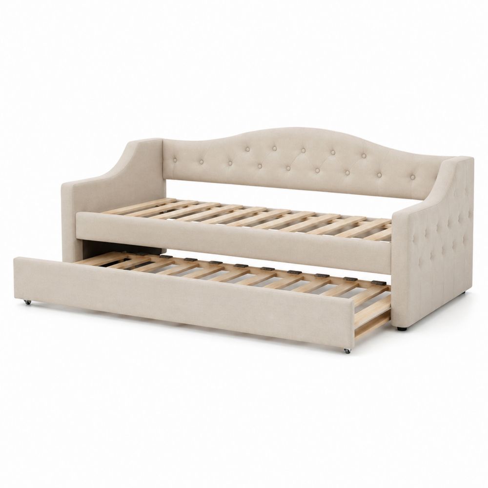 Lit gigogne en bois avec revêtement en tissu Beige