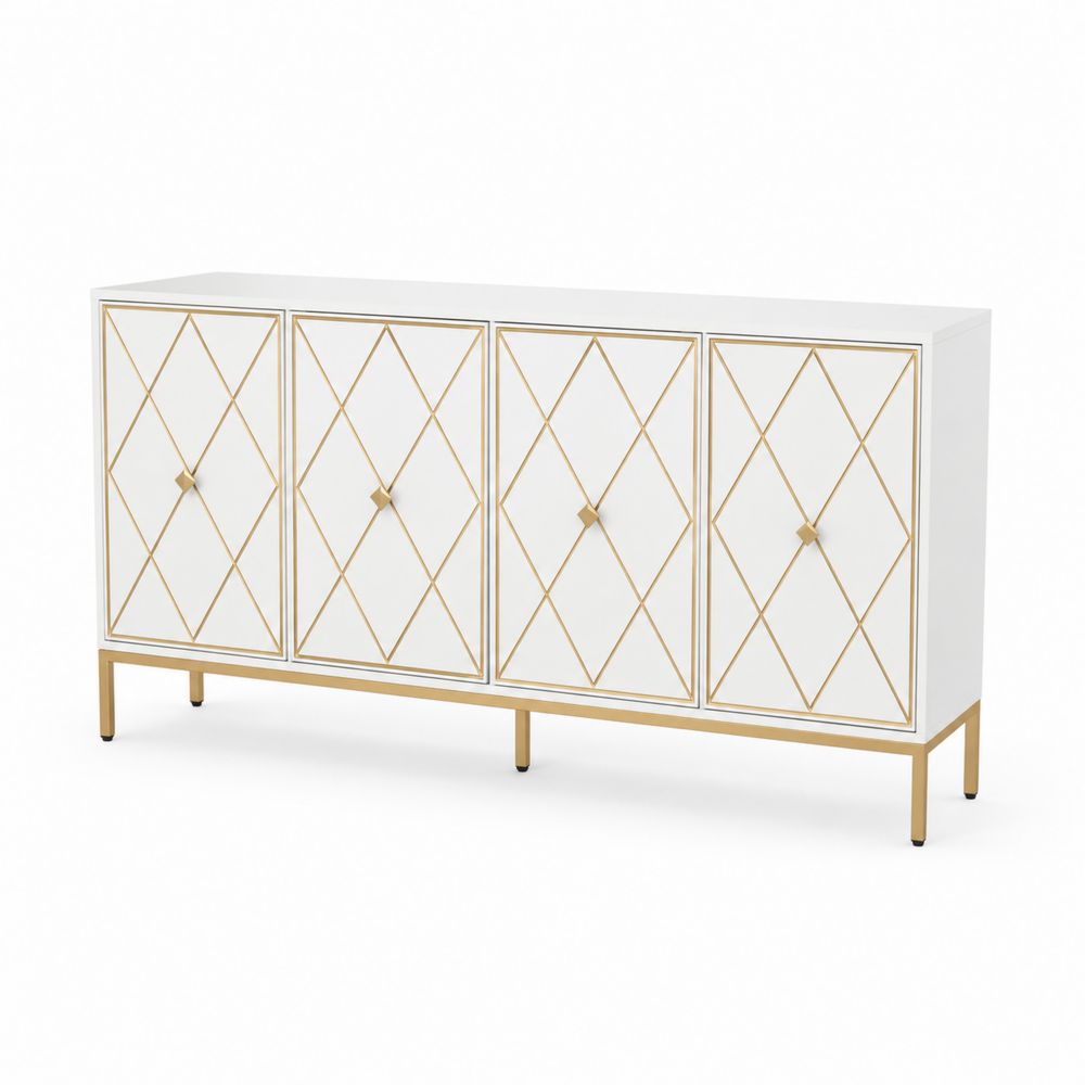 Buffet rectangulaire 4 portes en bois et métal blanc et or 180x80x40 cm
