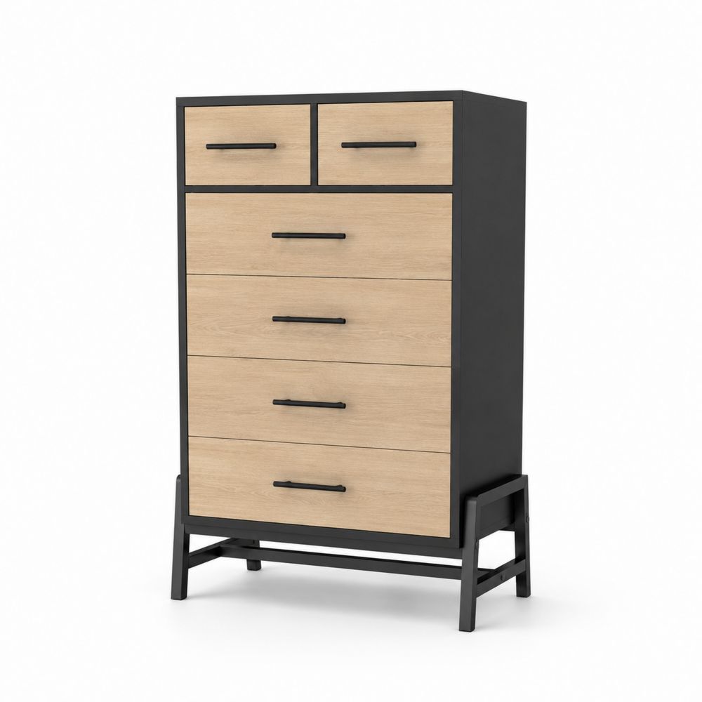 Commode 6 tiroirs en bois et métal Beige/Noir 120cm