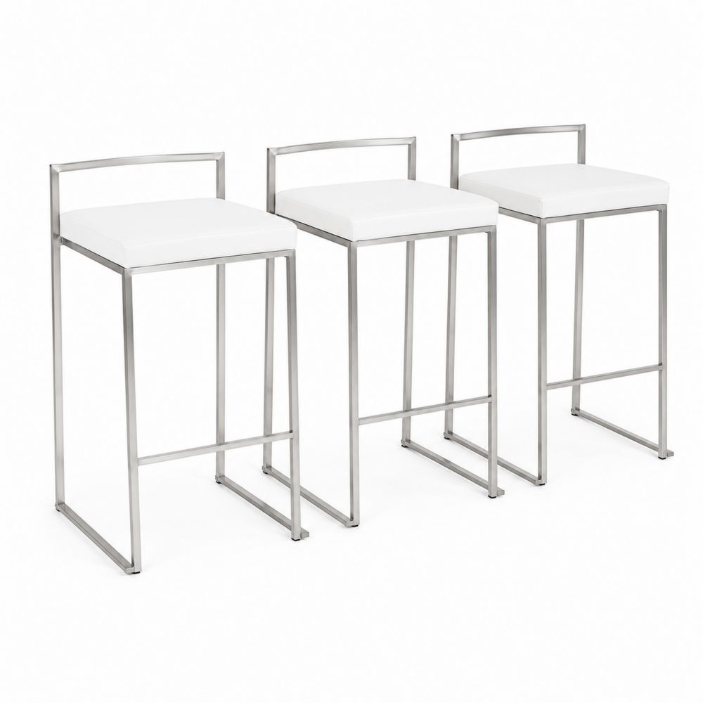 Tabourets de bar en métal avec assise en cuir synthétique blanc, lot de 3