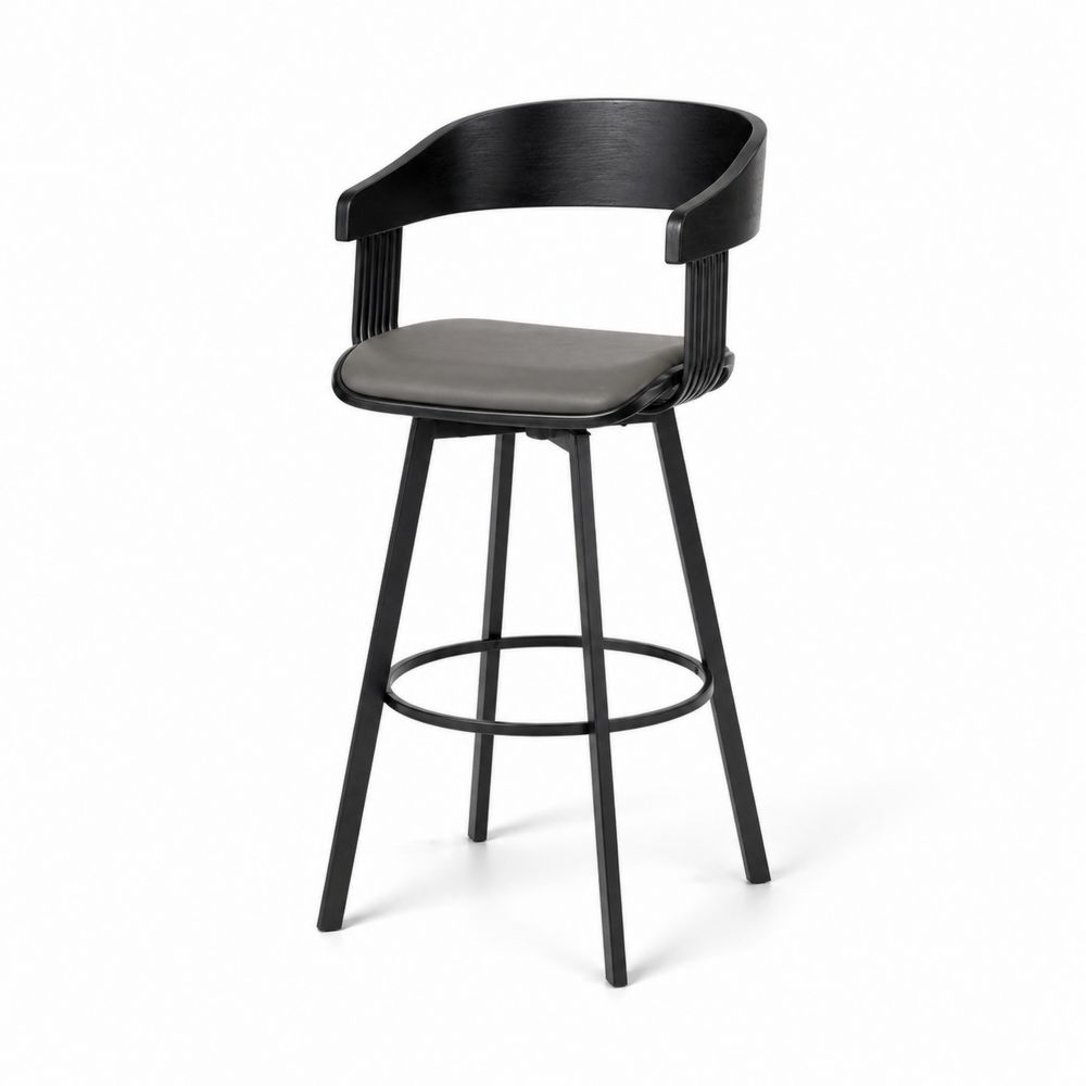 Tabouret de bar en bois et métal noir avec siège en cuir PU gris