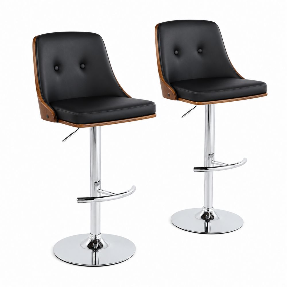 Tabourets de bar réglables en métal et bois, cuir synthétique noir, ensemble de 2