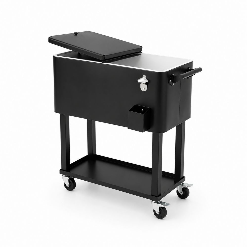 Chariot réfrigérant extérieur 80L en acier noir avec roulettes et ouvre-bouteille
