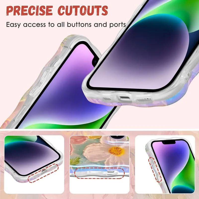 Product Introduction of Compatible with Case for IPhone 15, Colorful Oil Painting Flower Pattern Cute Curly Wave Frame Exquisite Phone Case for Girls Women, Protective Phone Cover Compatible with IPhone 15- Green 5