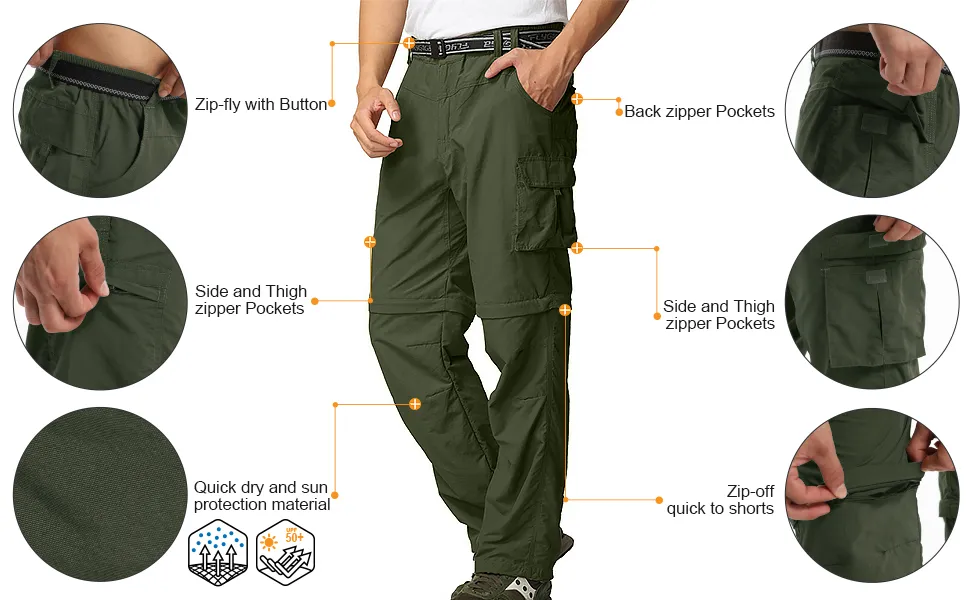 Mens Hiking Pants Convertible Quick Dry Lightweight Zip Off Outdoor Fishing Travel Safari Pants