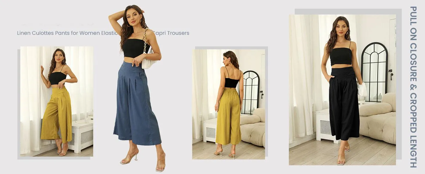 Tanming Women's Cotton Linen Culottes Pants Elastic Waist Wide Leg Palazzo Trousers Capri Pants with Pockets