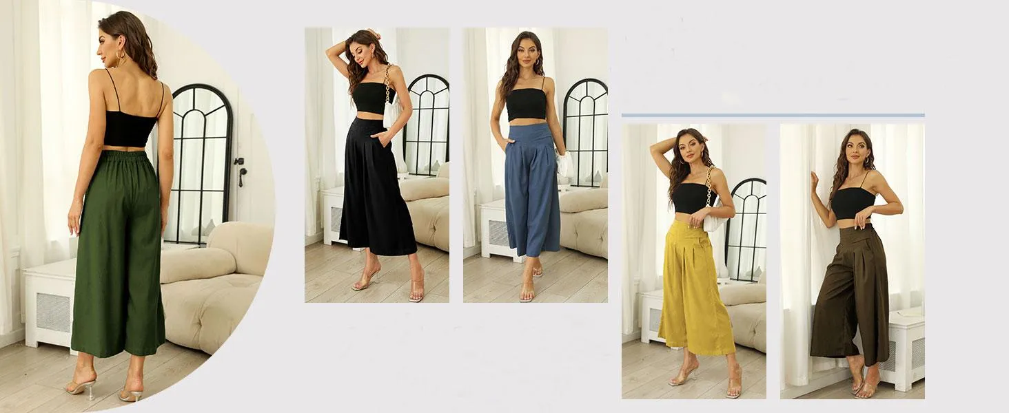 Tanming Women's Cotton Linen Culottes Pants Elastic Waist Wide Leg Palazzo Trousers Capri Pants with Pockets