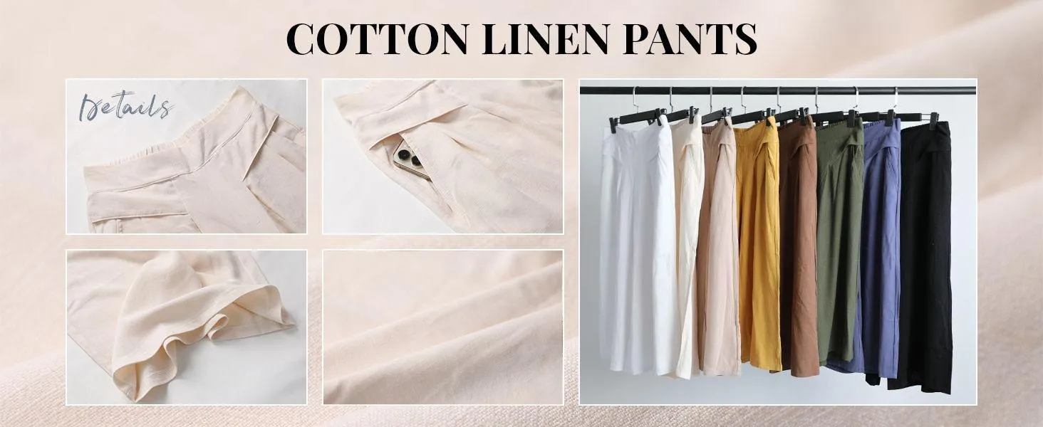 Tanming Women's Cotton Linen Culottes Pants Elastic Waist Wide Leg Palazzo Trousers Capri Pants with Pockets