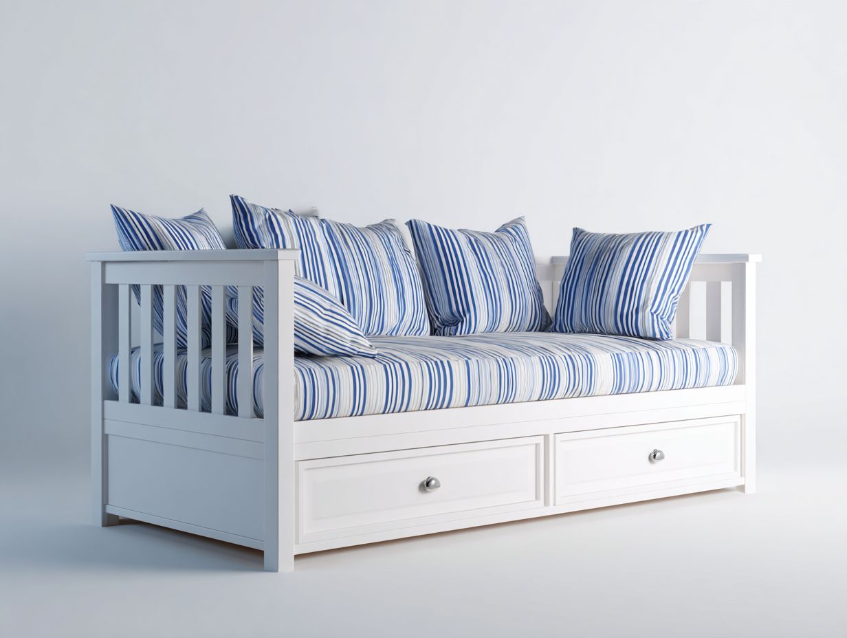 Sofás cama sofá cama de madera con 2 cajones tapizado en tela color blanco y azul 200x90x85 cm para salón - estilo moderno-Maluxoliving