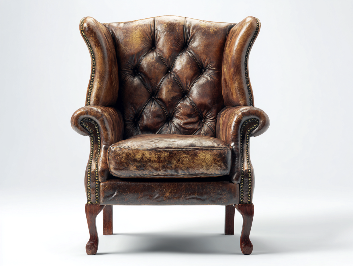 Sillón orejero tapizado en cuero sintético envejecido 82x88x108 cm marrón oscuro para salón - diseño clásico capitoné-Maluxoliving