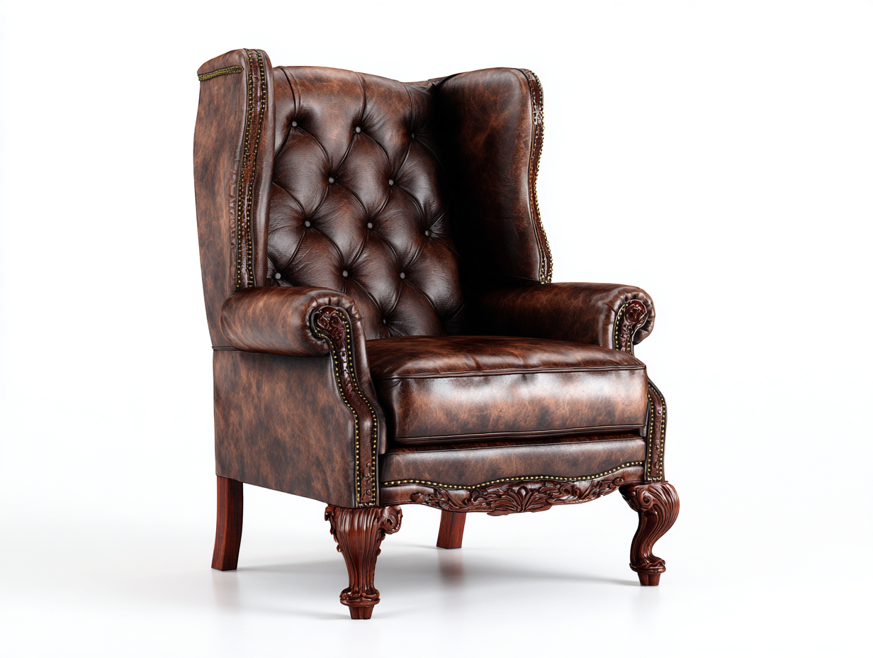 Sillón orejero tapizado en cuero sintético envejecido 84x90x116 cm marrón oscuro para salón - diseño clásico capitoné-Maluxoliving