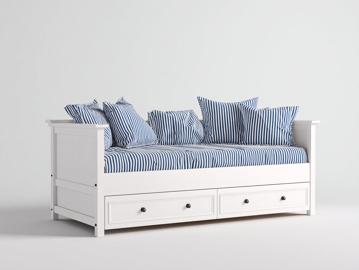 Sofás cama de madera con 2 cajones y colchón tapizado 206x88x88 cm blanco-azul para salón - diseño funcional-Maluxoliving