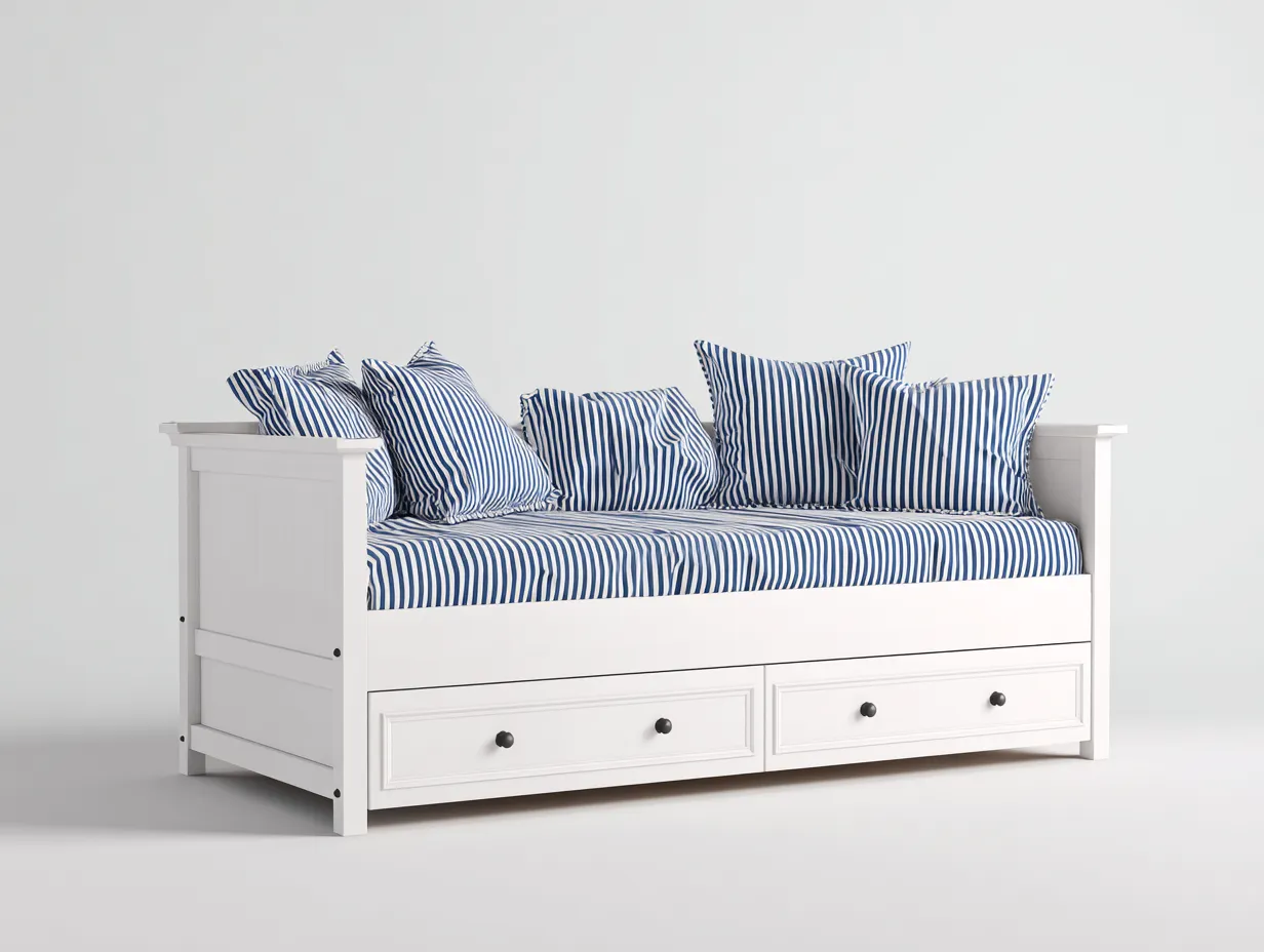 Sofás cama de madera con 2 cajones y colchón tapizado 206x88x88 cm blanco-azul para salón - diseño funcional-Maluxoliving