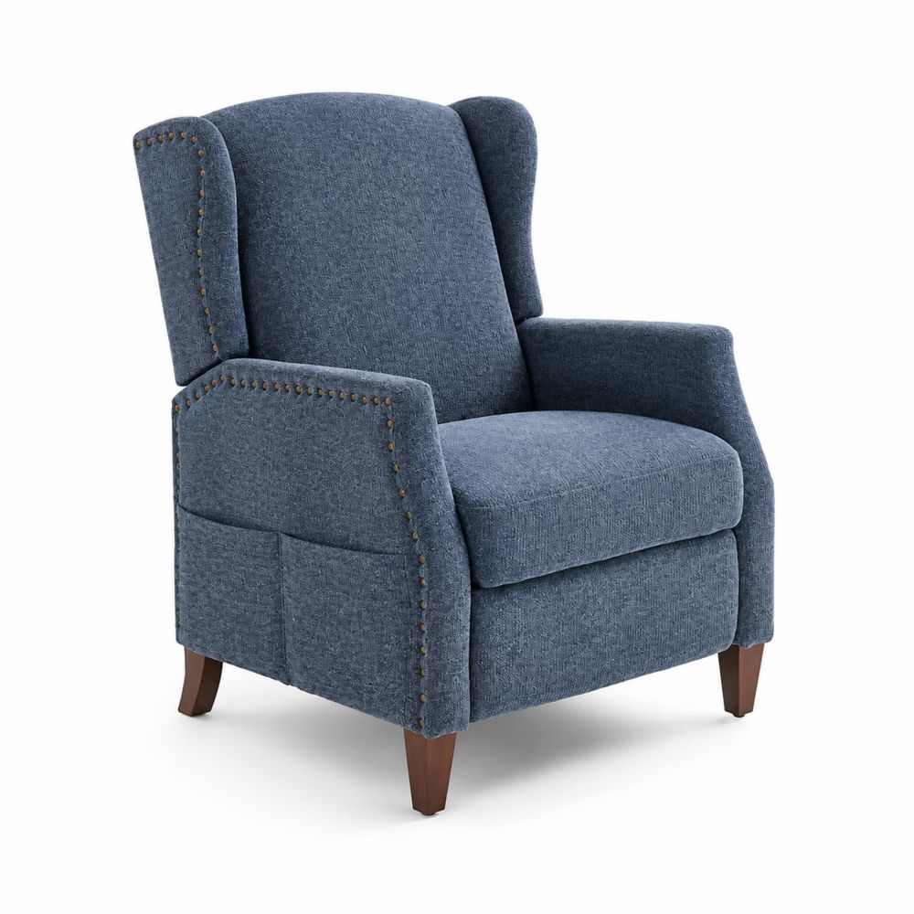 Fauteuil en tissu bleu avec structure en bois et clous décoratifs