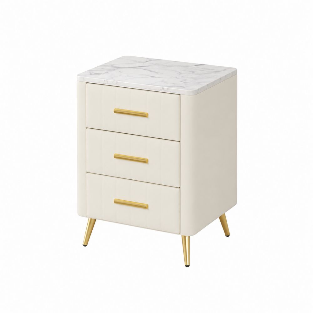 Table de chevet en bois avec dessus en marbre blanc et trois tiroirs