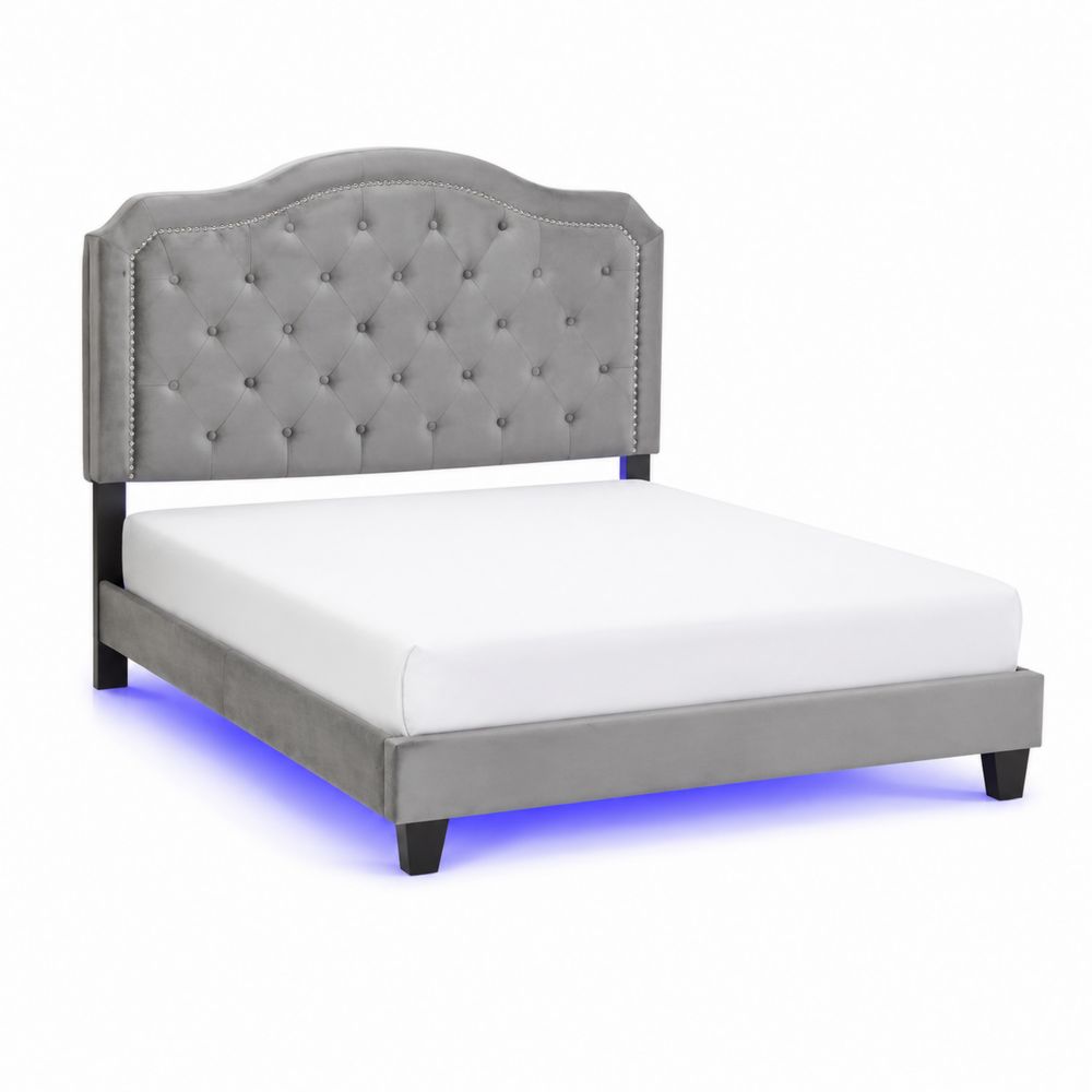 Lit double en velours gris avec tête de lit capitonnée et éclairage LED