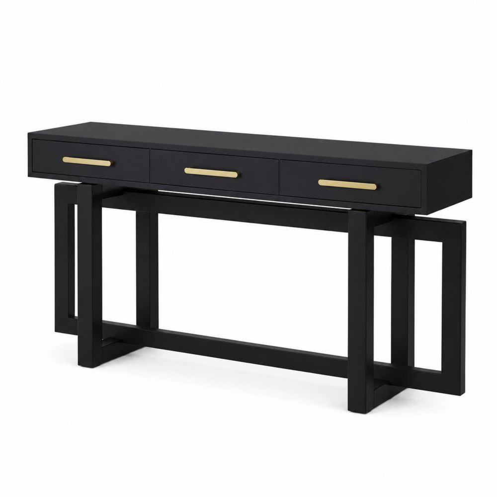 Table console en bois MDF noir avec tiroirs et poignées dorées