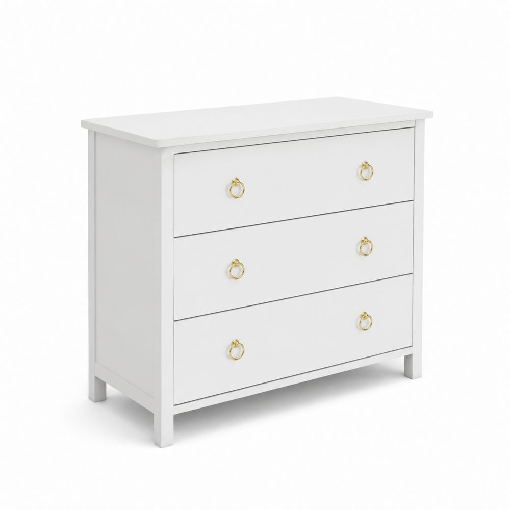 Commode 3 tiroirs en MDF blanc avec poignées en métal doré 80x40x75cm