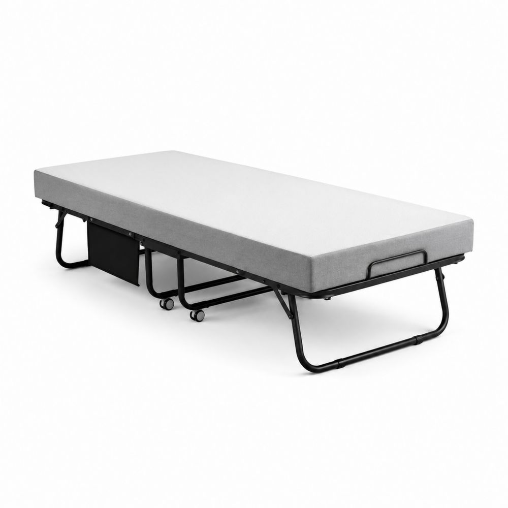 Lit pliant simple en métal avec matelas mousse gris