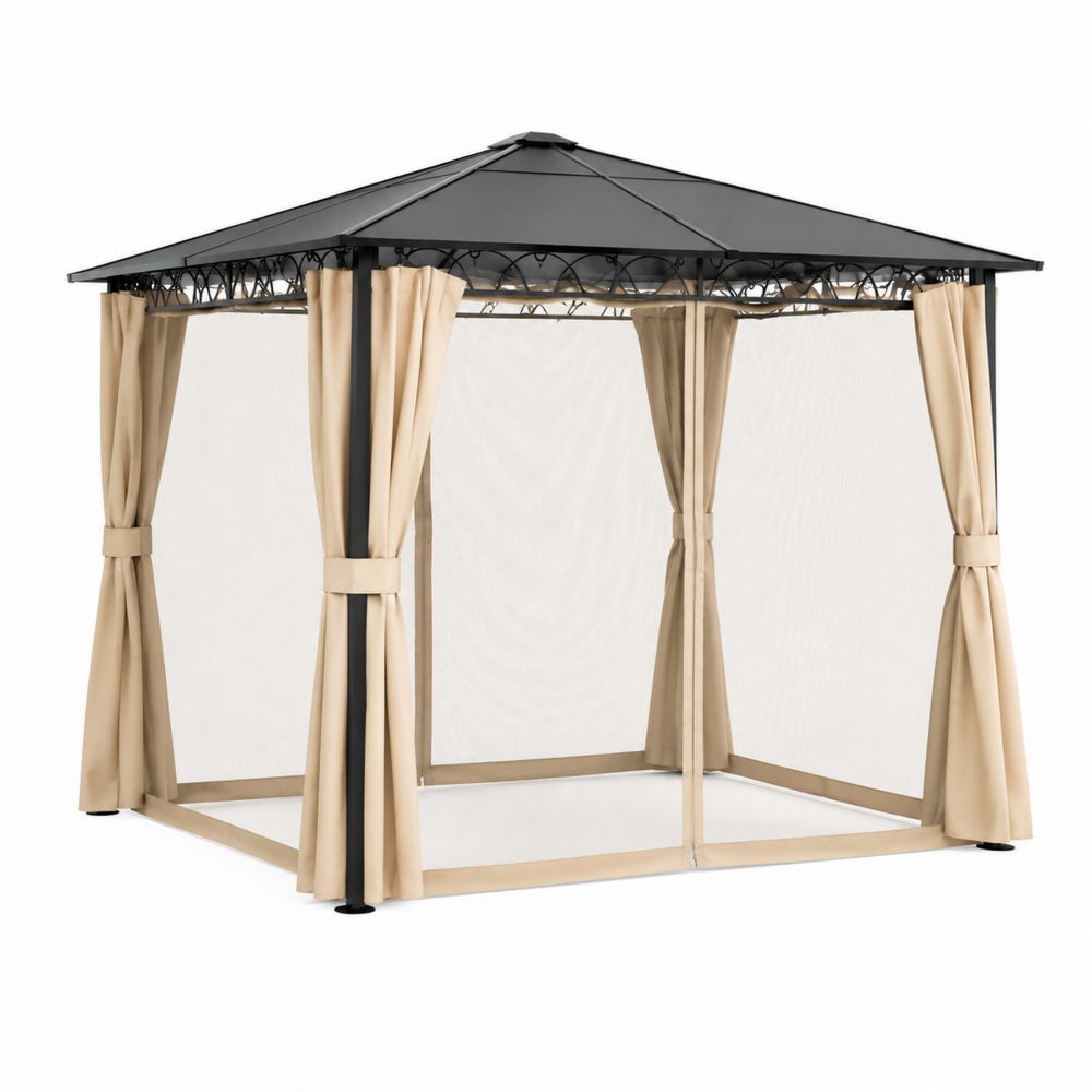Pavillon Carré 3x3m en Acier avec Toit en Polycarbonate et Rideaux en Polyester Beige