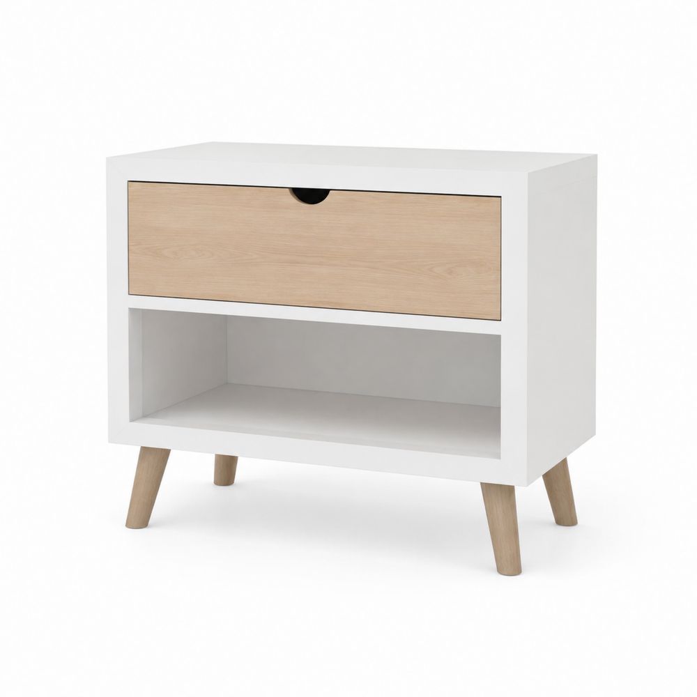 Table de chevet en bois avec tiroir et étagère, Blanc et Chêne, 60 x 40 x 50 cm