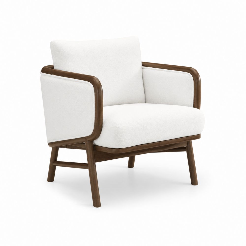 Fauteuil en tissu bouclé blanc avec cadre en bois