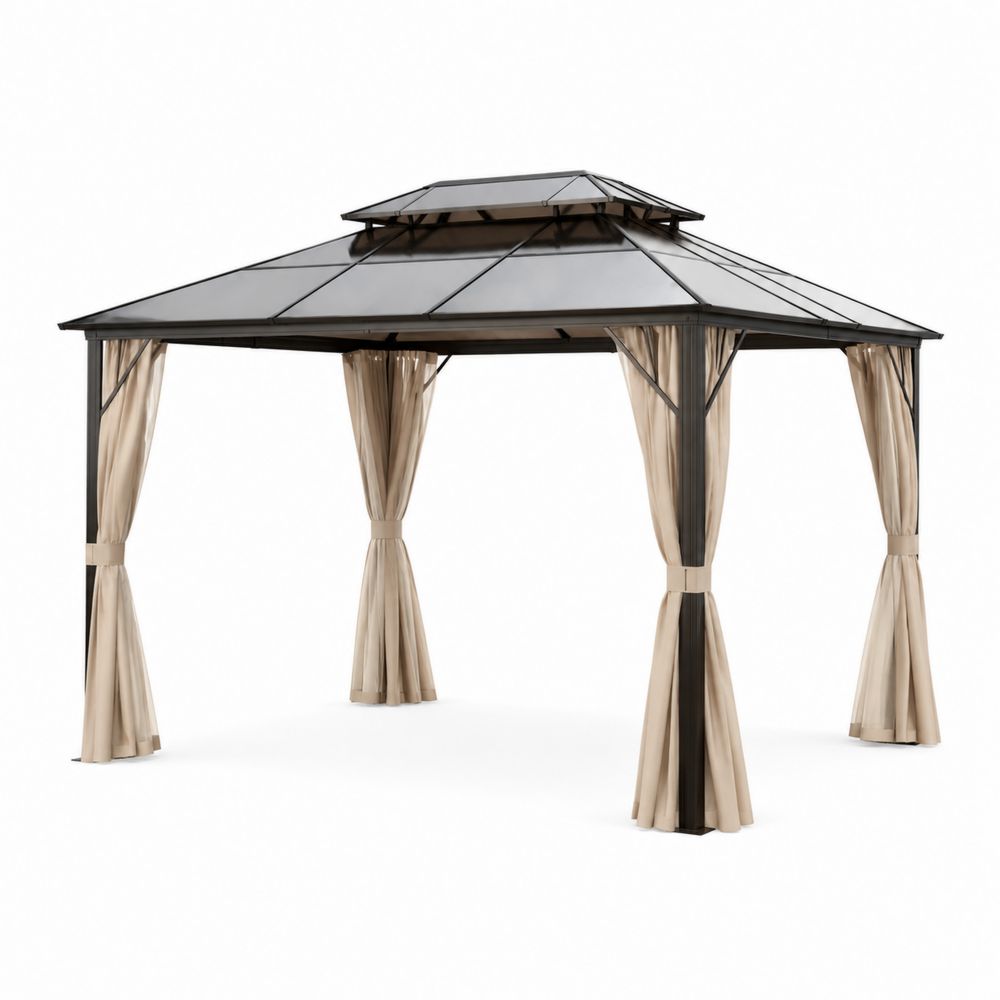 Pavillon de jardin en aluminium avec toit en polycarbonate et rideaux beiges