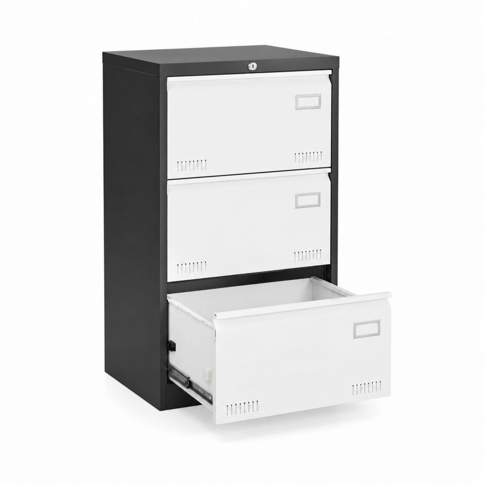 Armoire de classement en métal noir et blanc à 3 tiroirs avec serrure