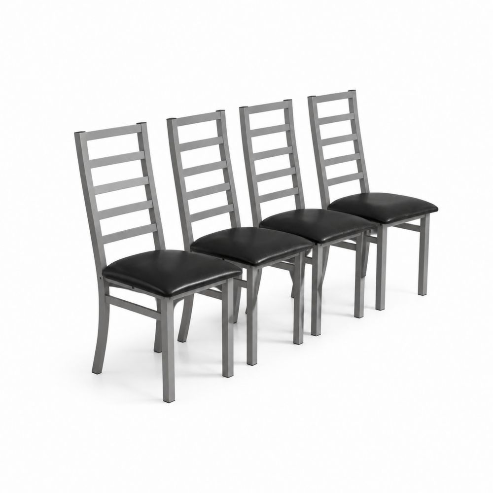 Lot de 4 chaises en métal avec siège en cuir synthétique noir