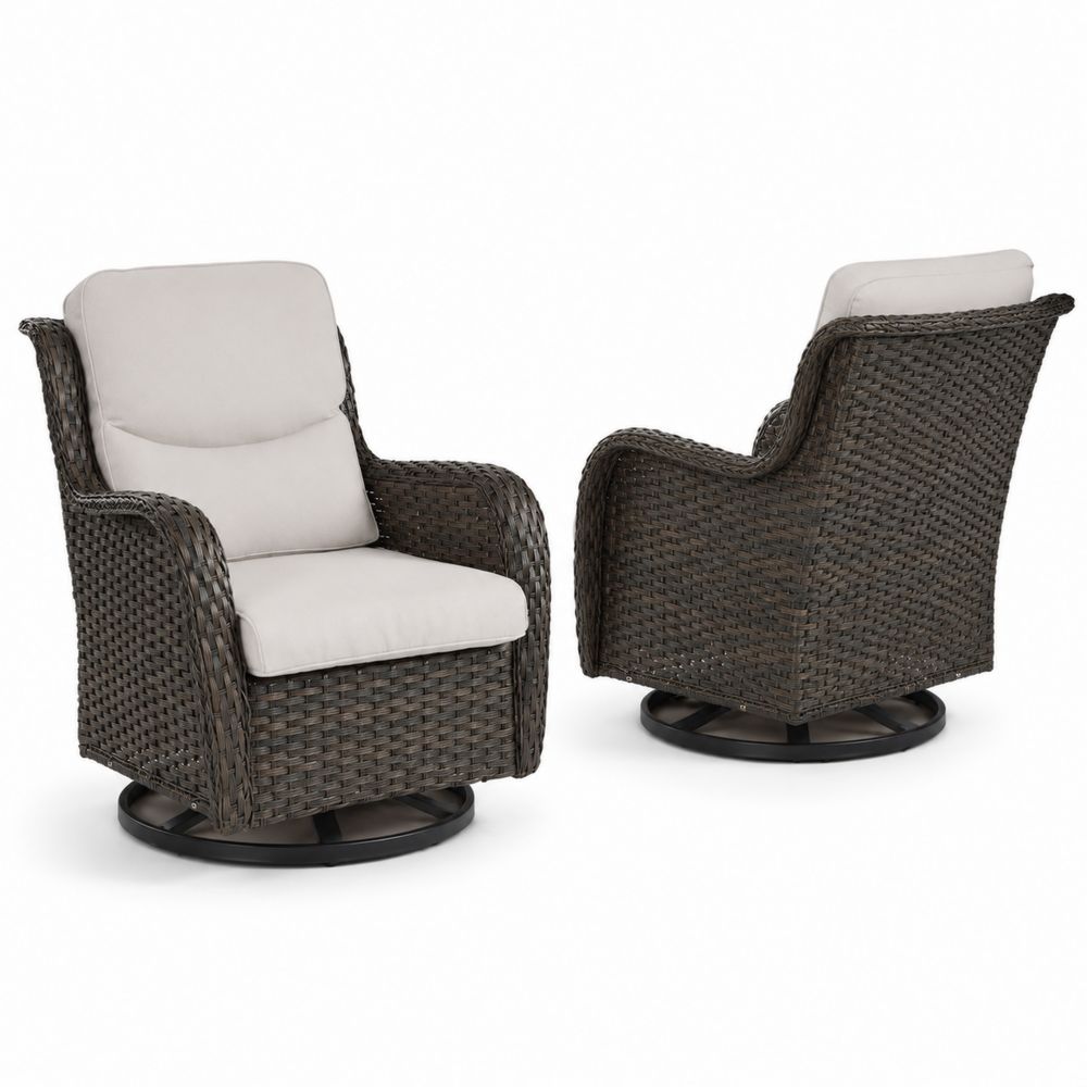 Chaises pivotantes en rotin synthétique avec coussins en tissu