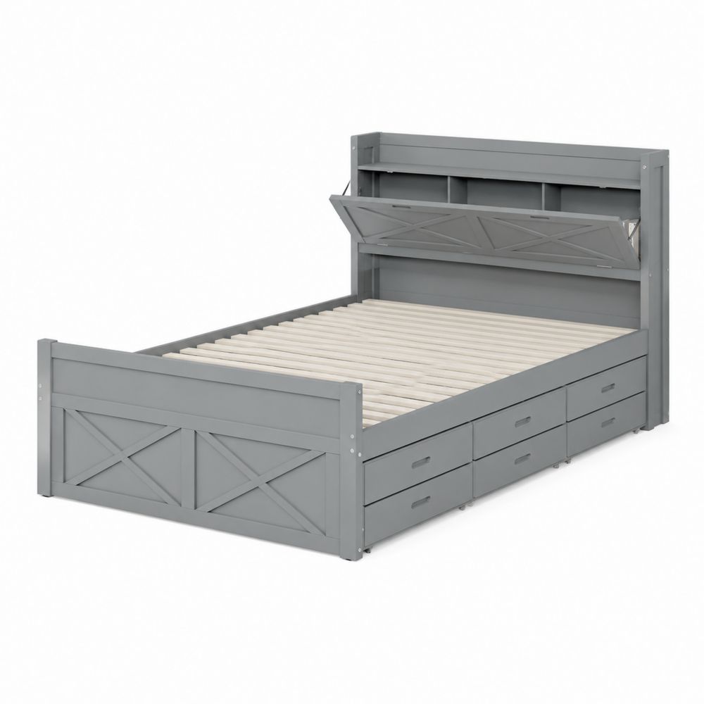 Lit en bois avec rangements et tête de lit Gris