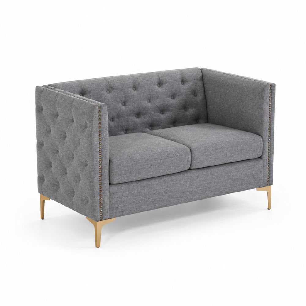 Canapé 2 places en tissu gris avec pieds dorés