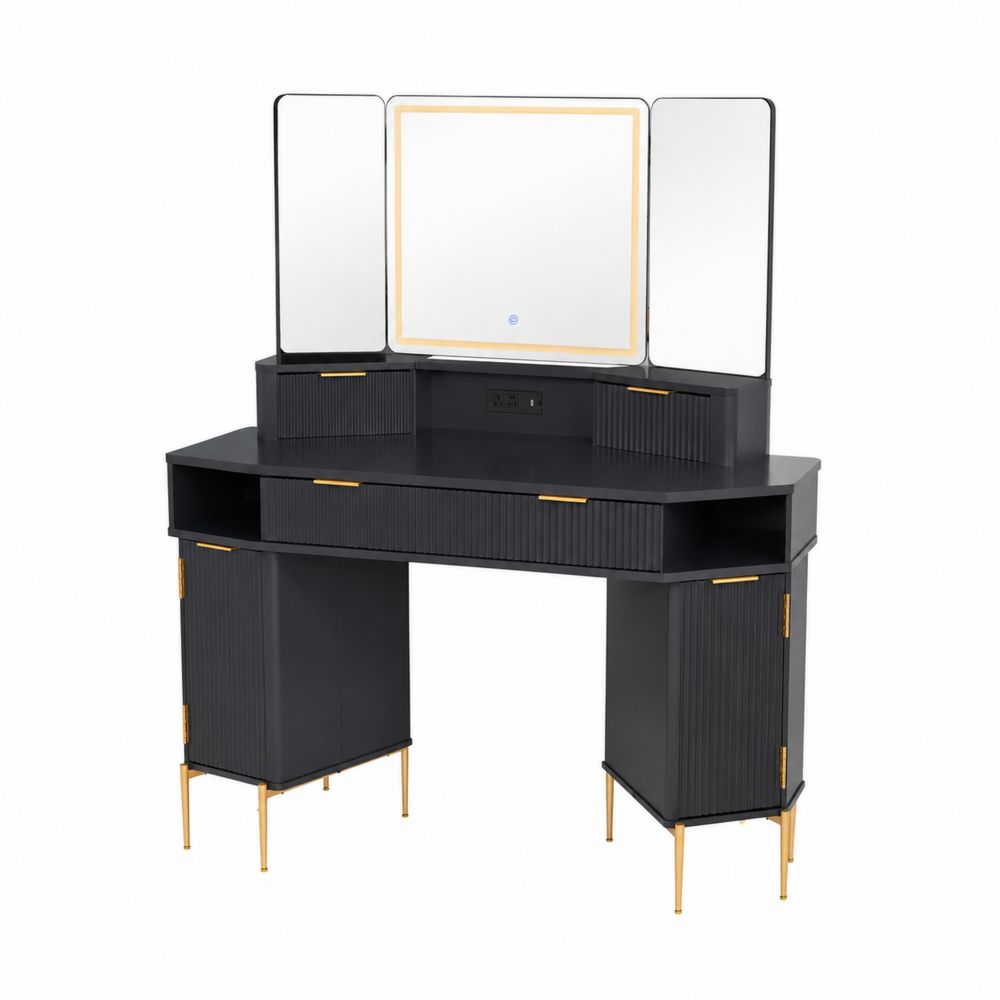 Coiffeuse noire avec miroir trifold LED et pieds dorés