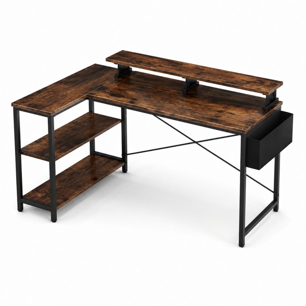 Bureau d'angle en L avec étagères en bois d'ingénierie et cadre en acier