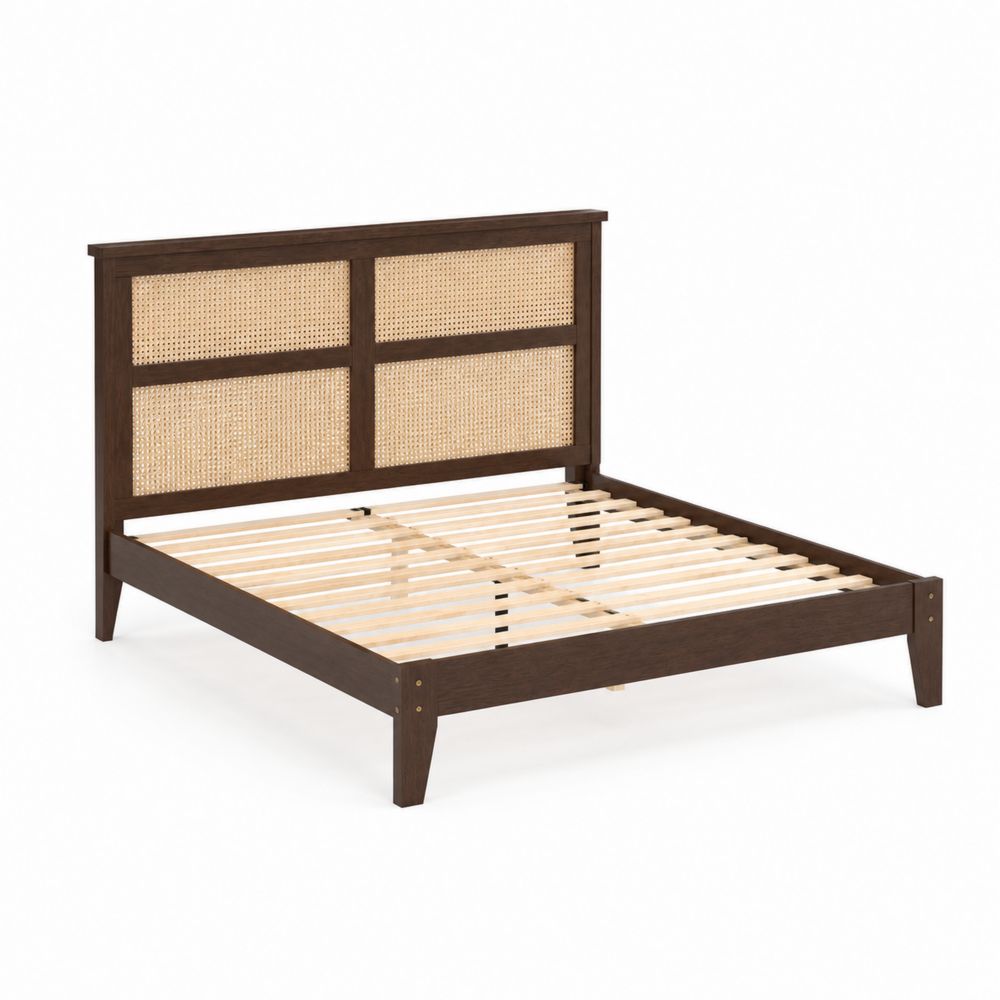 Lit double en bois avec tête de lit en rotin 140x200 cm Brun