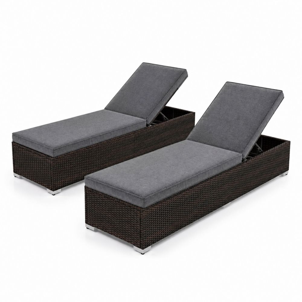 Lot de 2 chaises longues d'extérieur en résine tressée avec coussin polyester gris