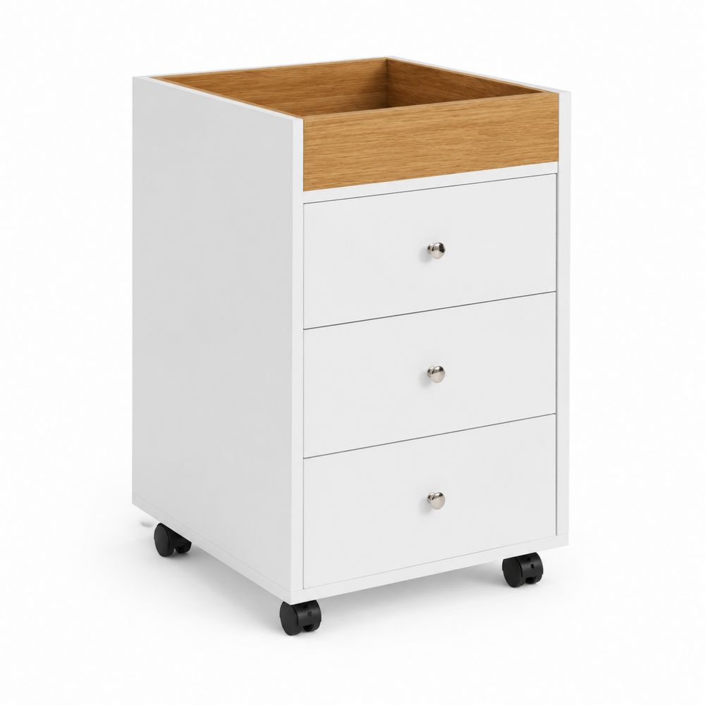 Caisson de bureau 3 tiroirs en bois MDF blanc avec roulettes