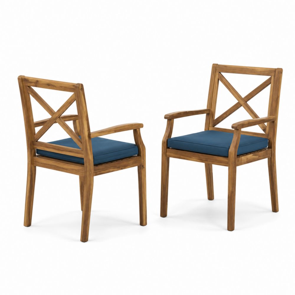 Chaises en bois d'acacia avec coussins bleu, lot de 2