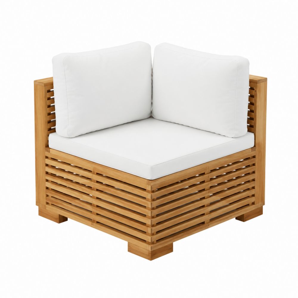 Canapé d'angle en bois d'acacia avec coussins blancs
