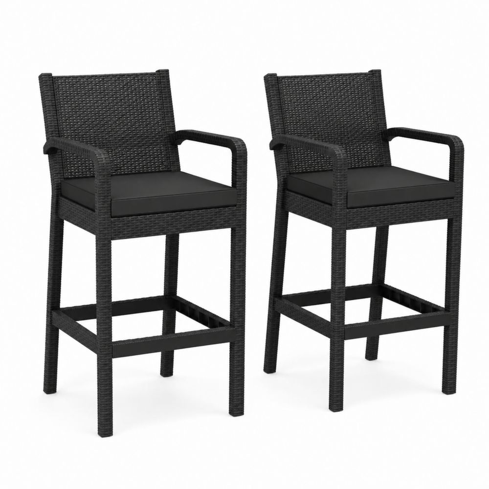 Lot de 2 chaises de bar d'extérieur en résine tressée noire avec coussin