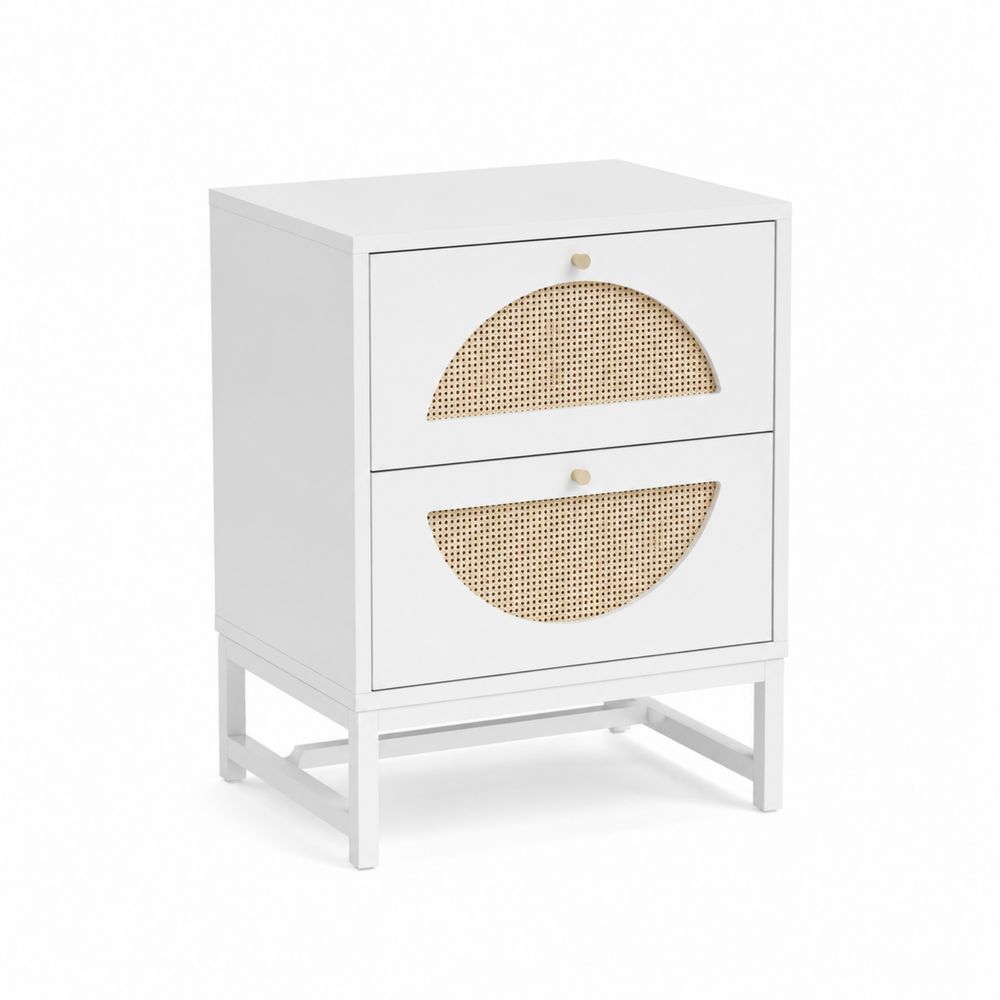 Table de chevet en bois et rotin blanche