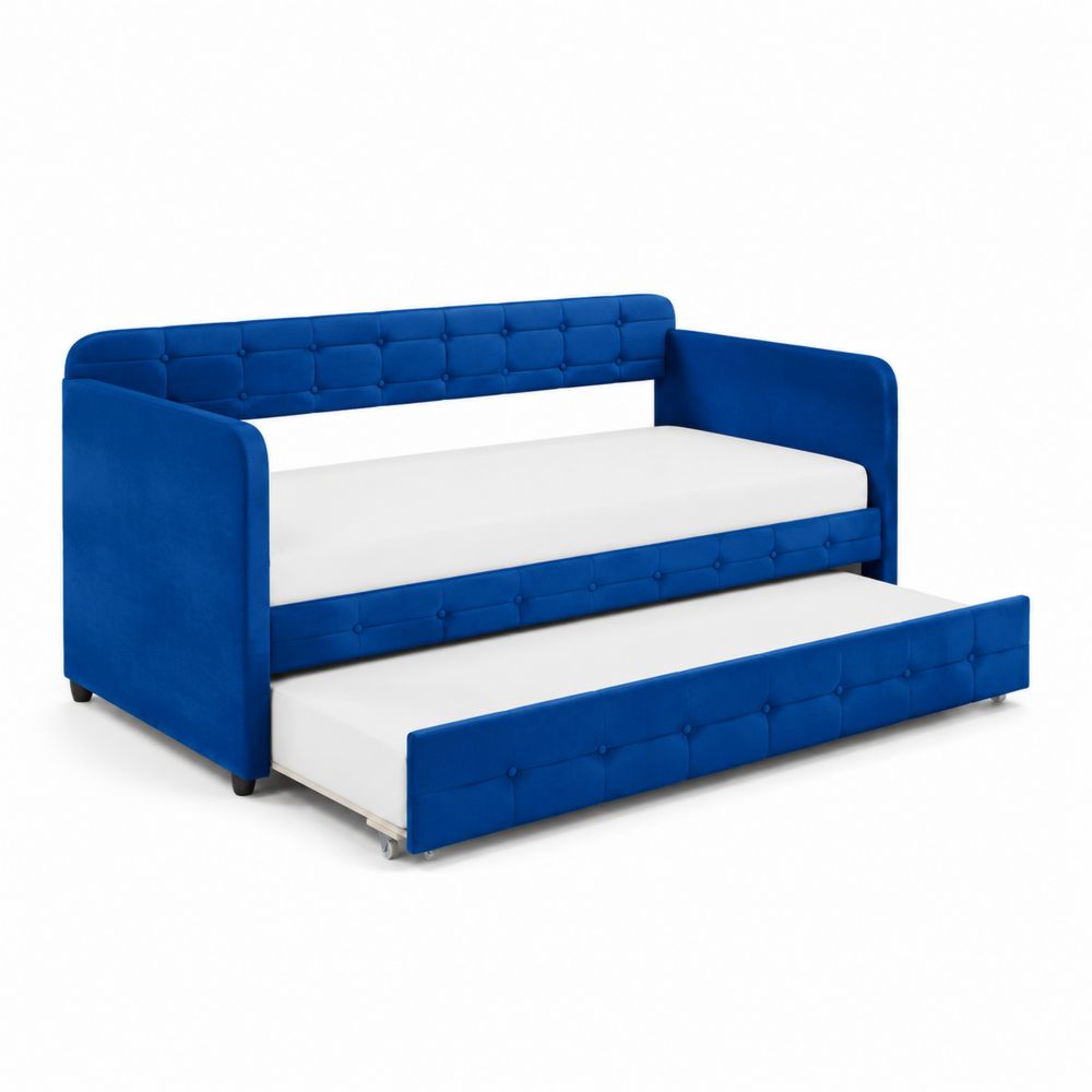 Lit gigogne en velours bleu avec matelas 200x90 cm