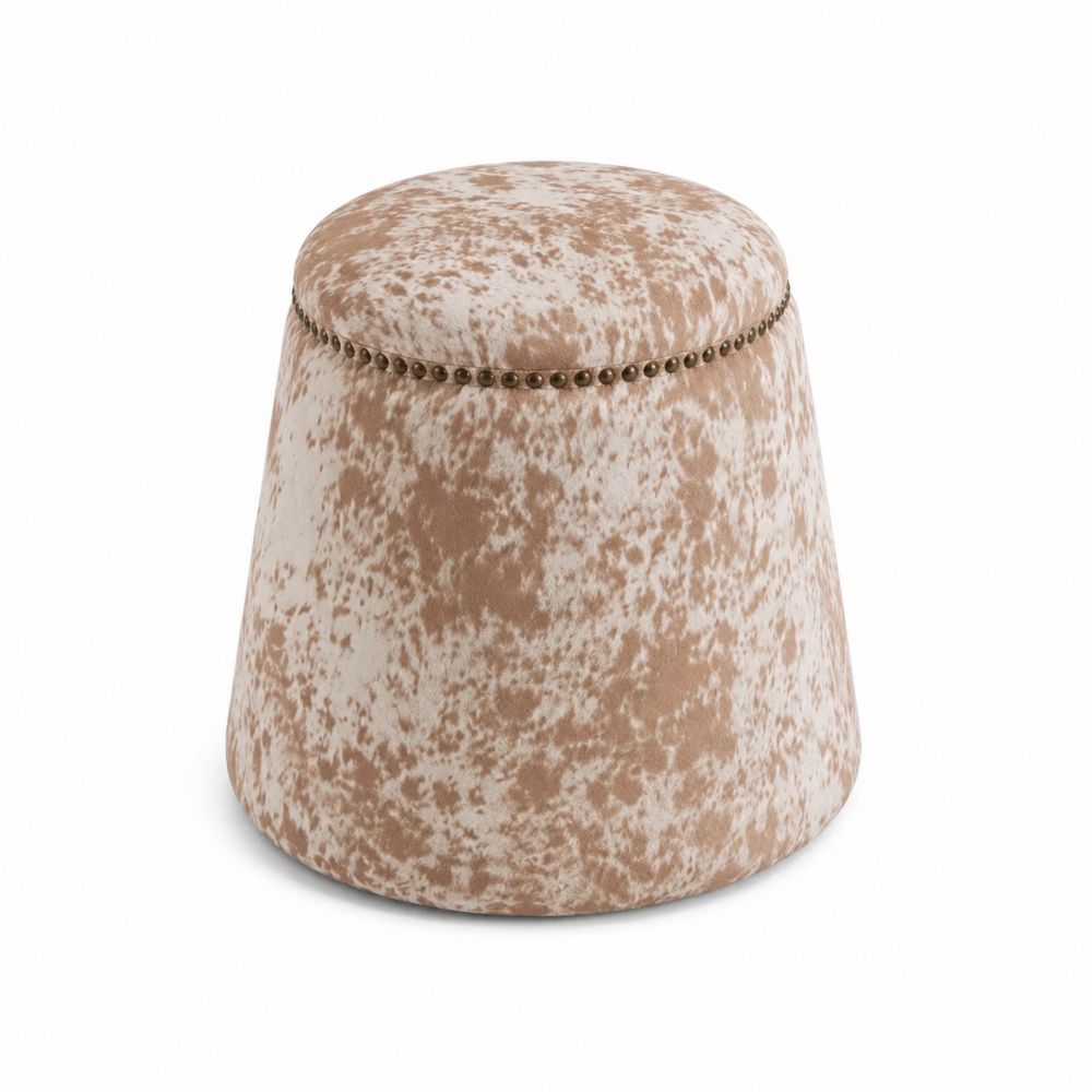 Tabouret rond en tissu beige avec clous décoratifs