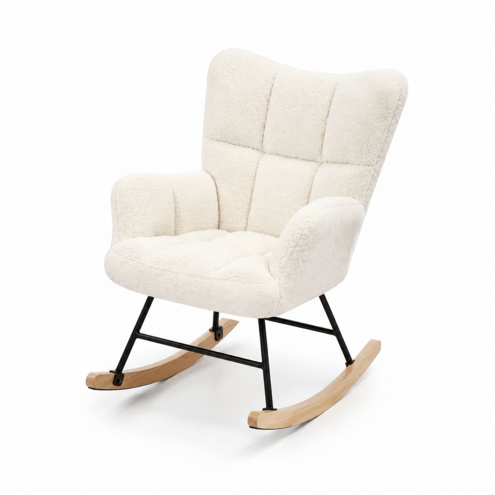 Chaise à bascule en tissu peluche avec cadre en métal et bois