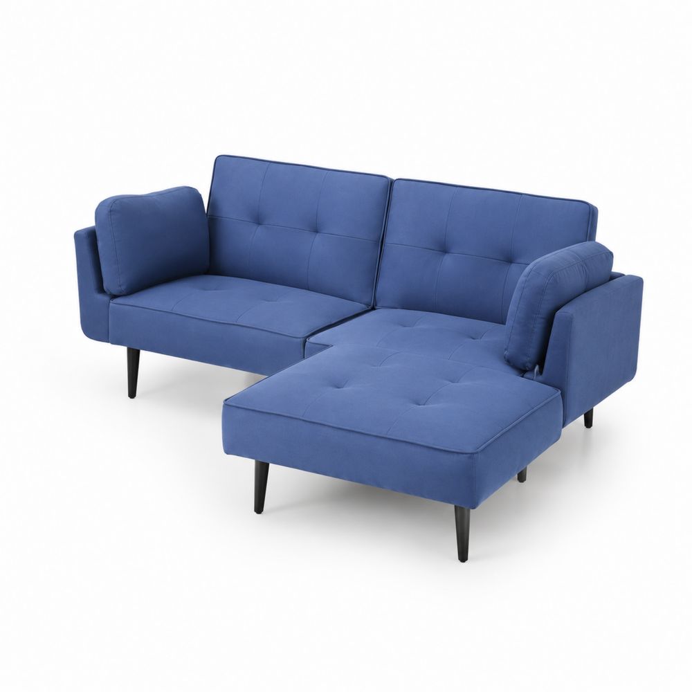 Canapé d'angle en tissu bleu avec pieds en bois