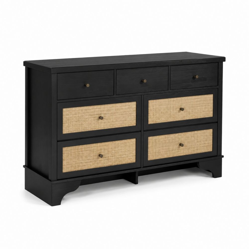 Commode en bois et rotin 6 tiroirs Noir et Naturel