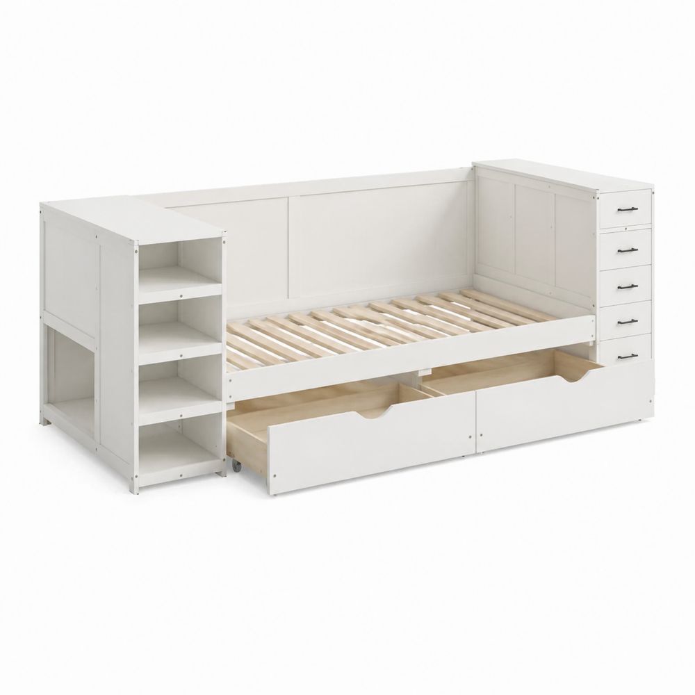 Lit d'enfant en bois blanc avec tiroirs et étagères